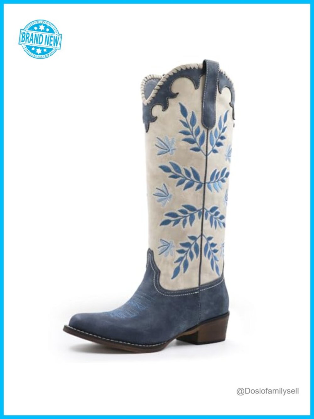 Knee High Western Cowboy Boots Leaf Embroidered Round Toe Chunky Heel Pull On